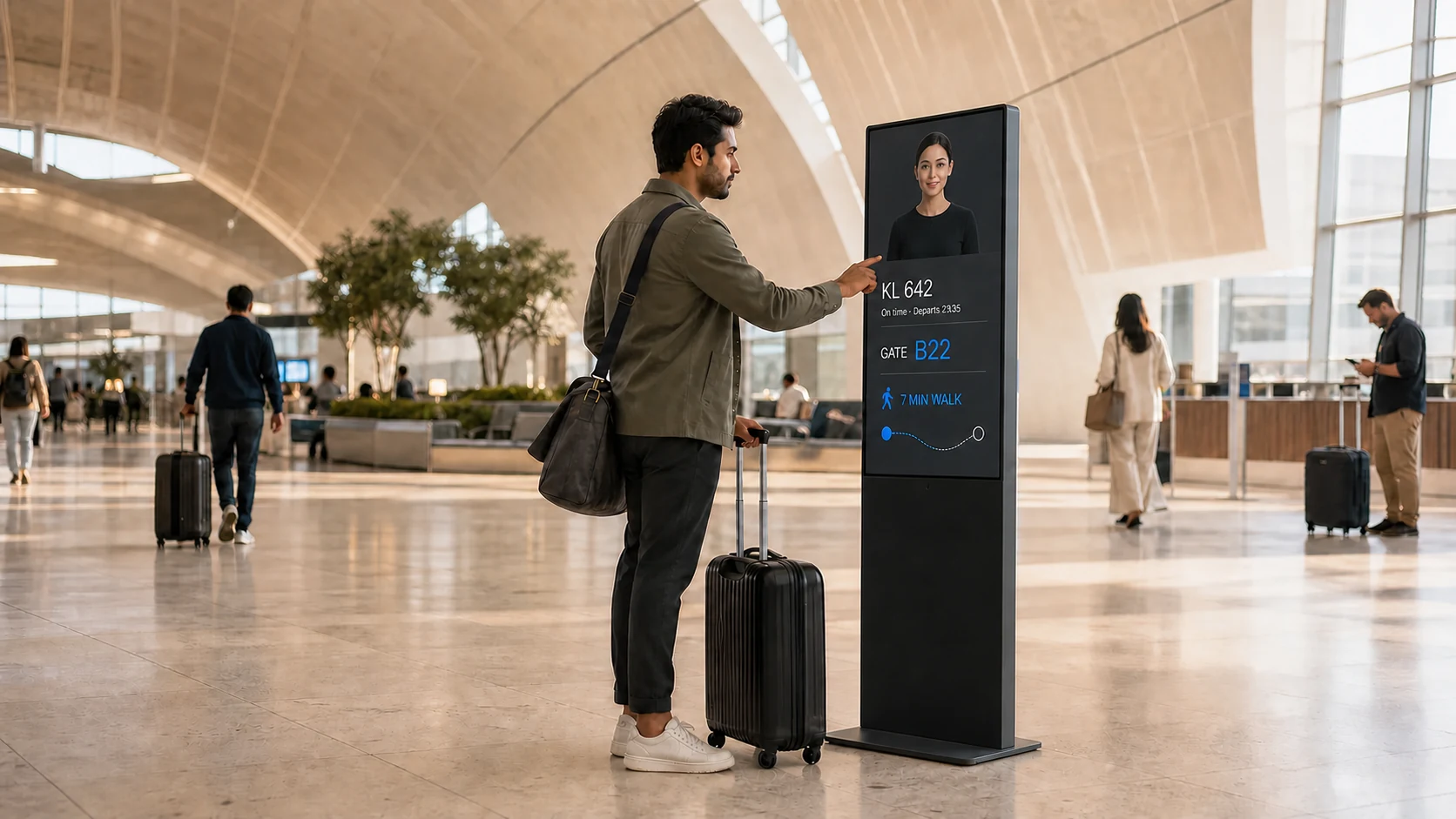 A traveler speaking with a Terminal Agent in an airport