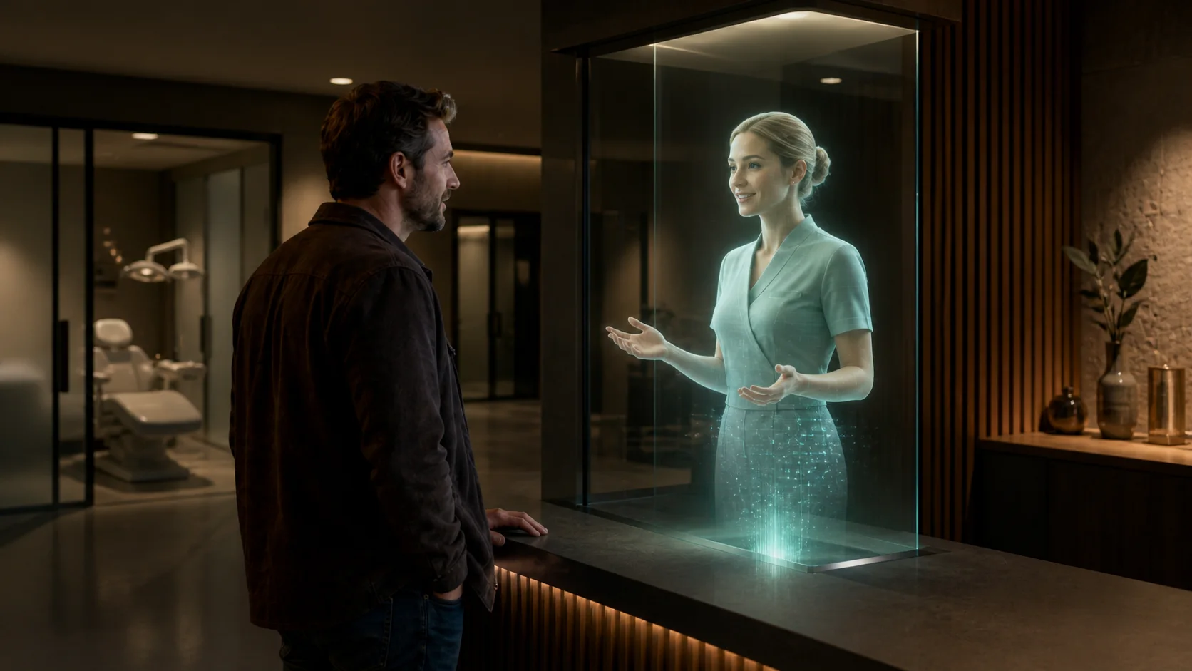A patient speaking with a holographic Host Agent at a dental reception
