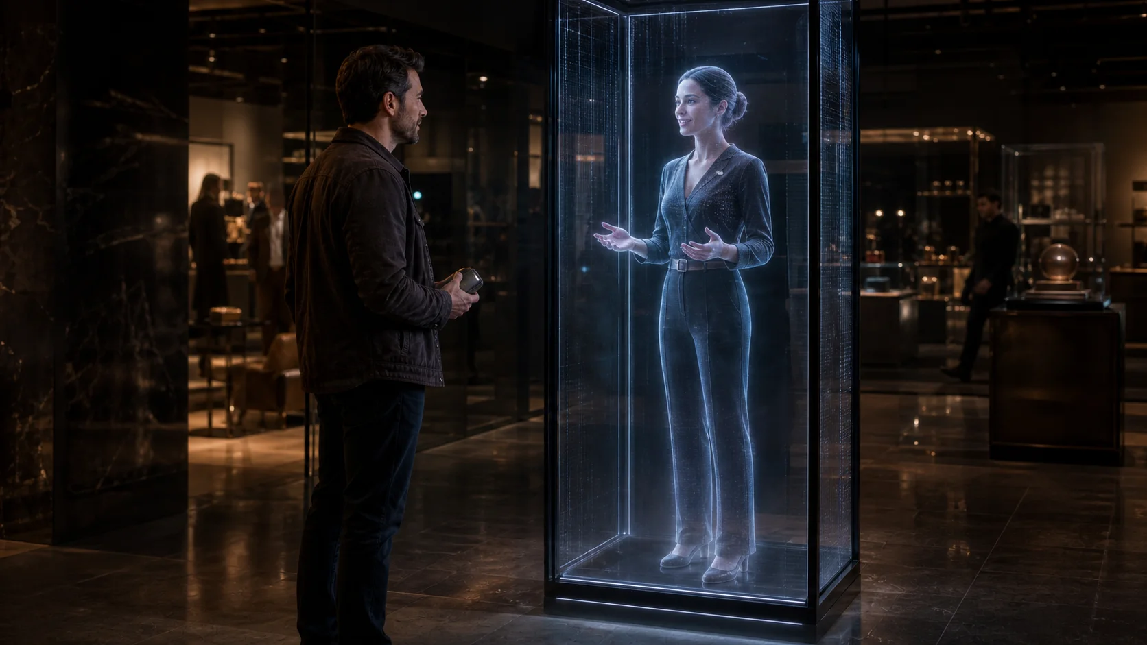 A customer speaking with a life-size light-field Host Agent in a premium retail space