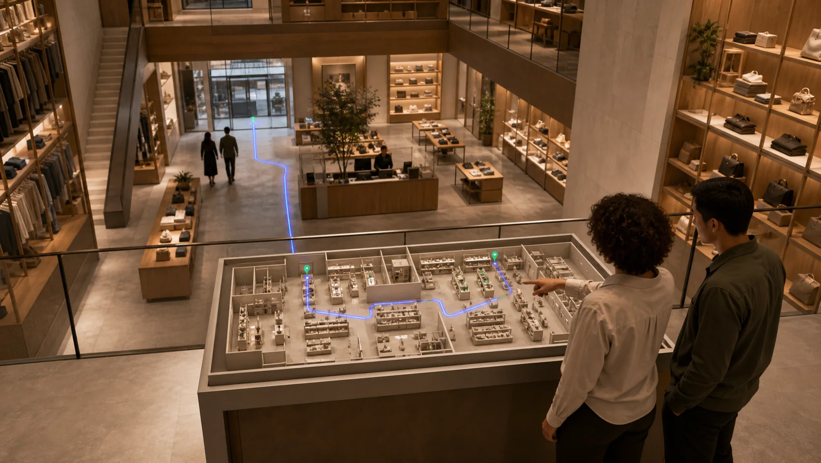 A retail venue and its mapped indoor 3D model with an exact route