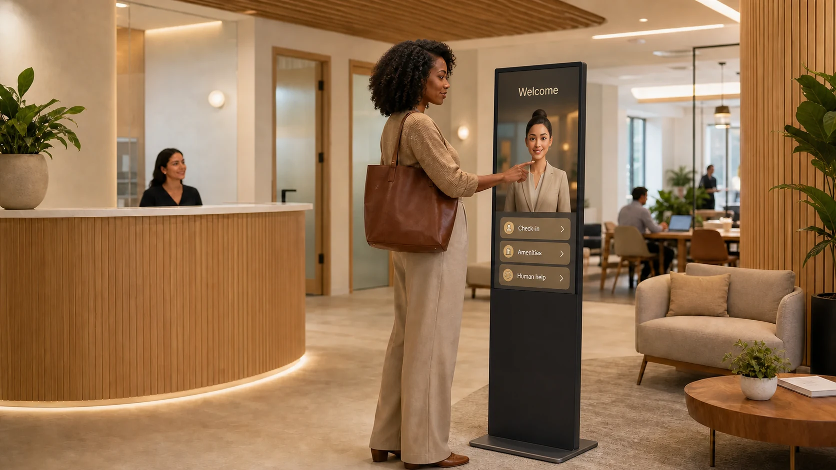 A visitor checking in with a reception Terminal Agent