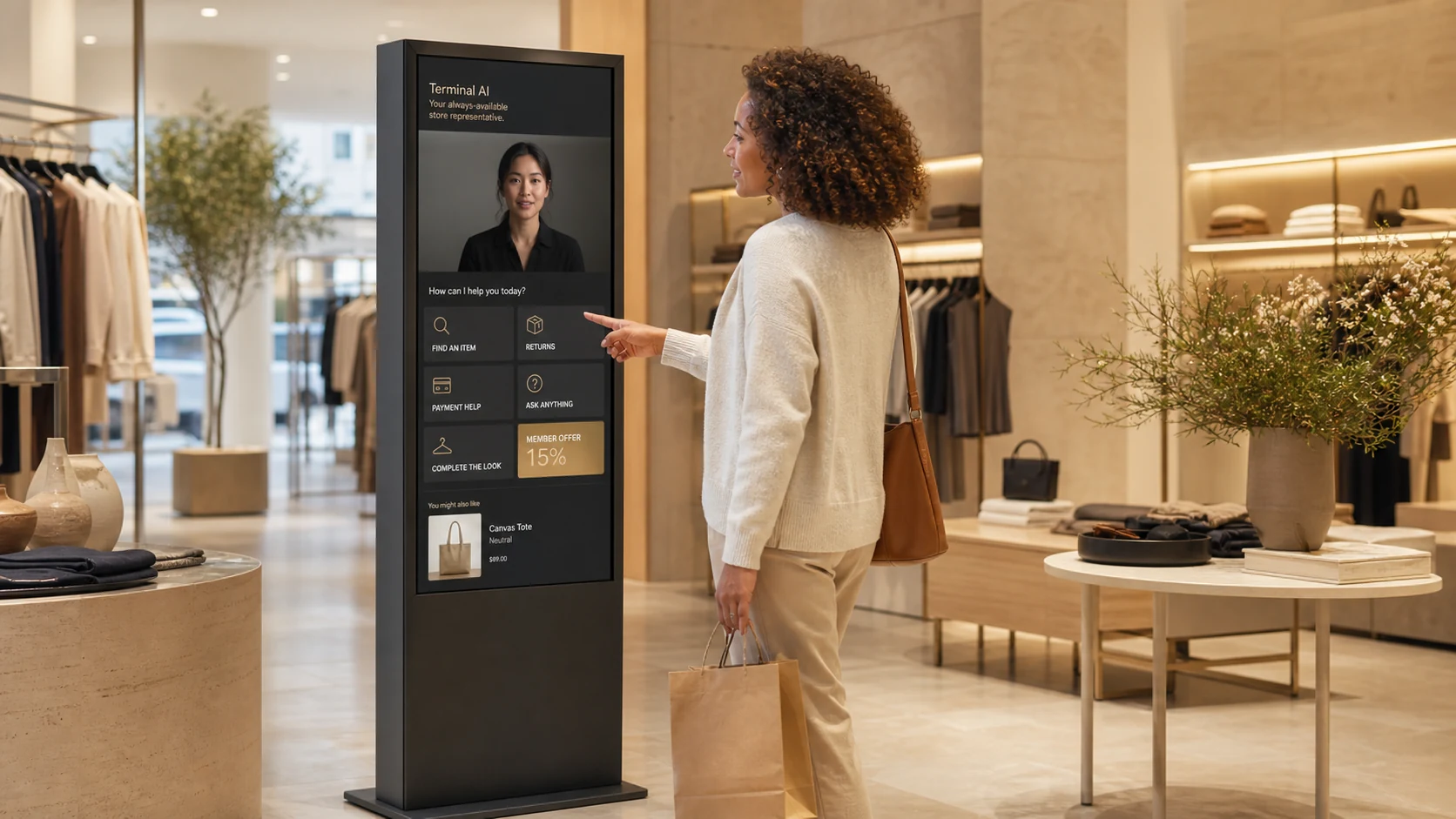 A customer speaking with a SimulatingMachines Host Agent terminal inside a brand store