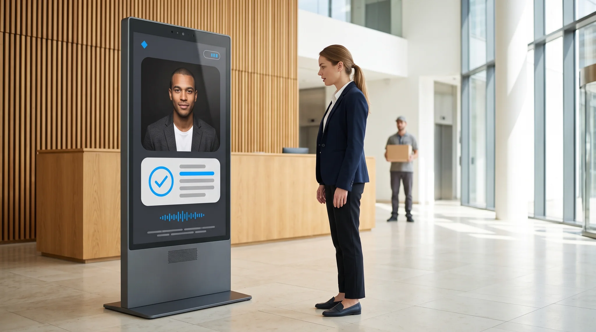 A visitor welcomed by a Host Agent in an office lobby