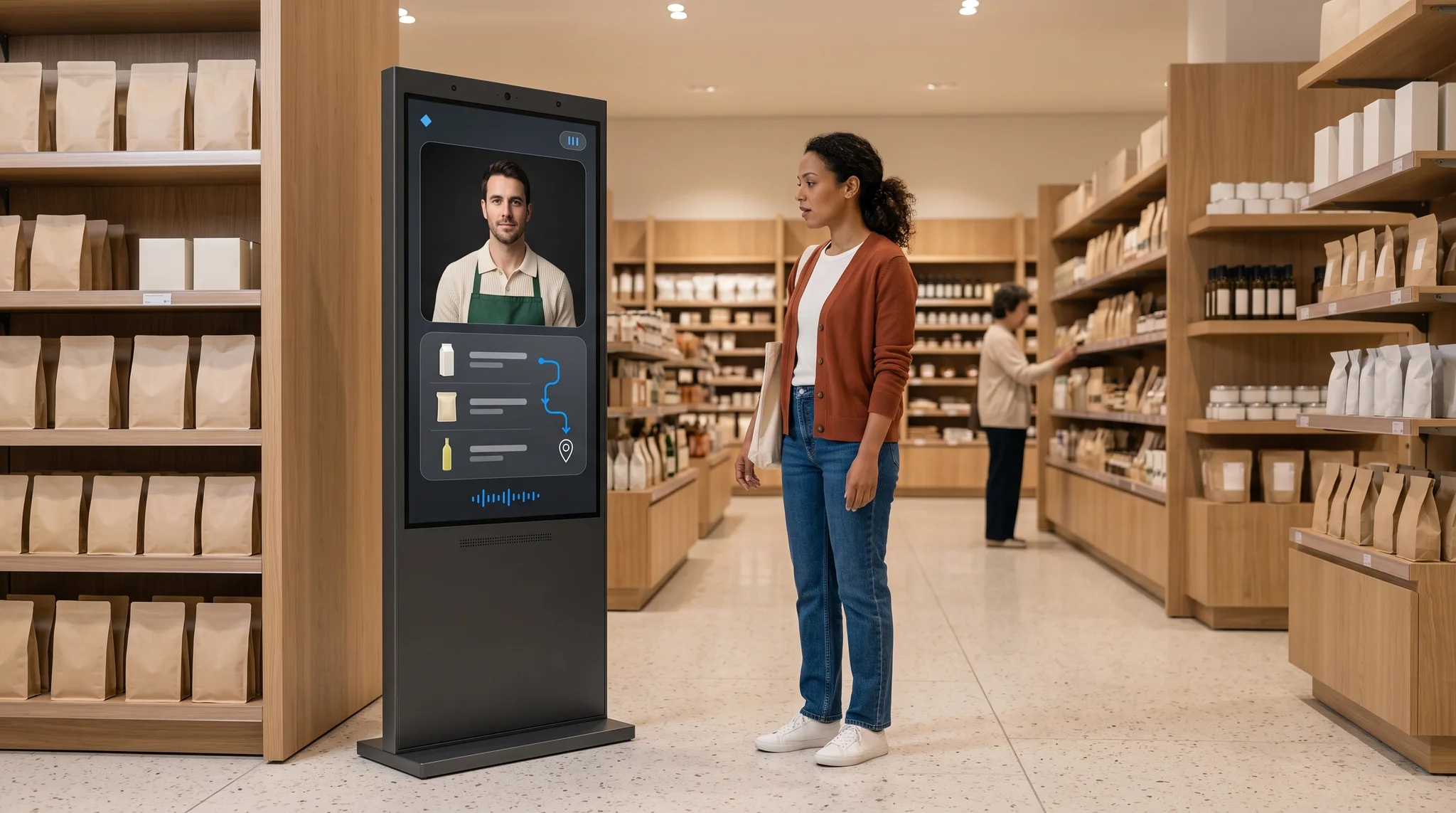 A shopper speaking with a Terminal Agent in a retail environment