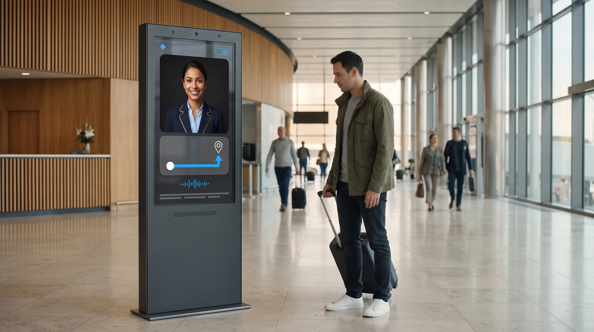 A traveler speaking with a Terminal Agent in an airport terminal